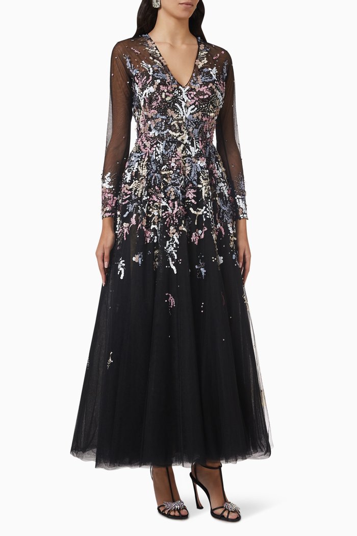 

Chromatic Beaded Maxi Dress in Tulle, Black