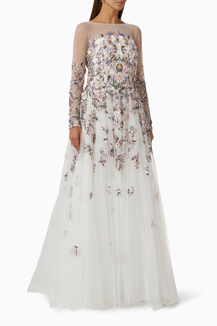 

Bead-embellished Gown in Tulle & Canton Crepe, Neutral