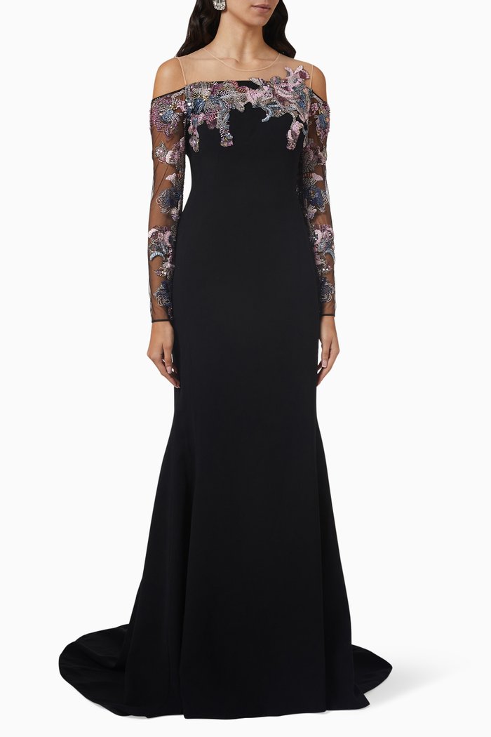

Chromatic Beaded Mermaid Gown in Canton Crepe, Black