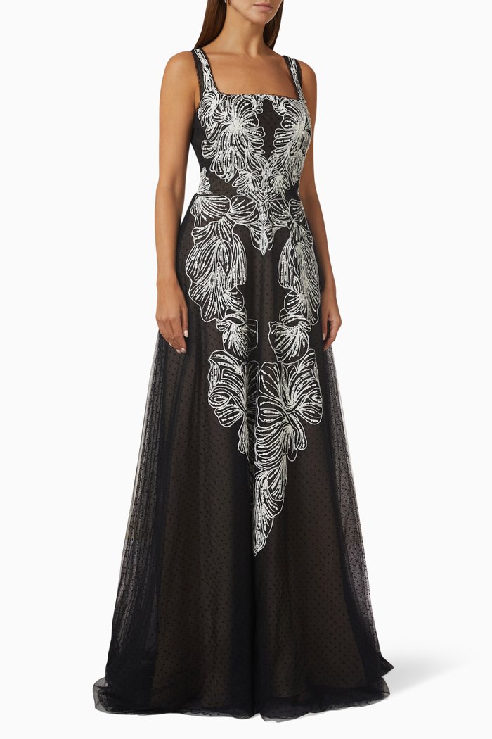 

Sequin-embroidered Gown in Tulle, Black