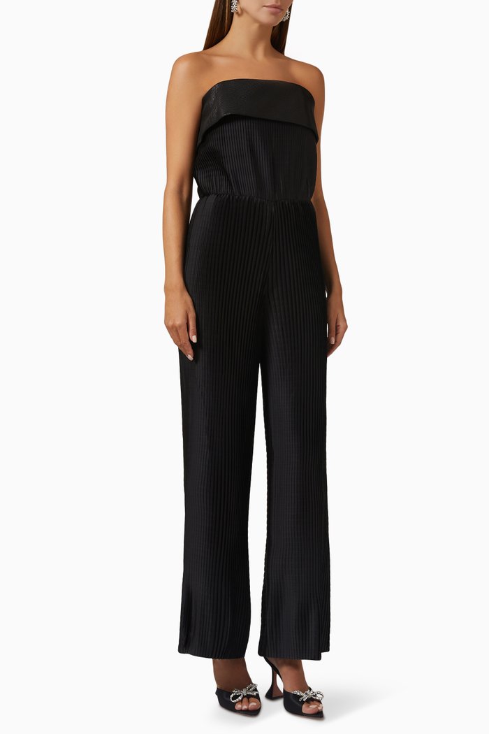 Strapless Jumpsuit in Plissé Satin, Black