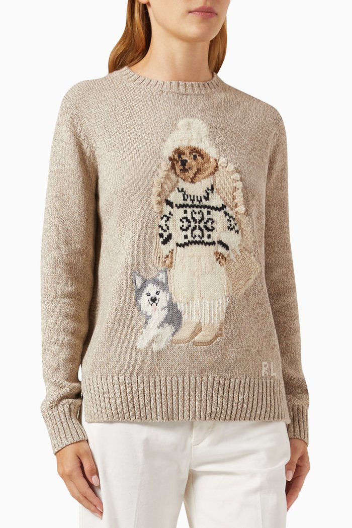 

Embroidered Bear Pullover in Cotton, Neutral
