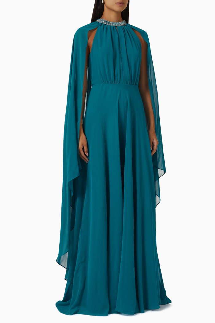 

Embellished Collar Cape Gown in Chiffon, Blue