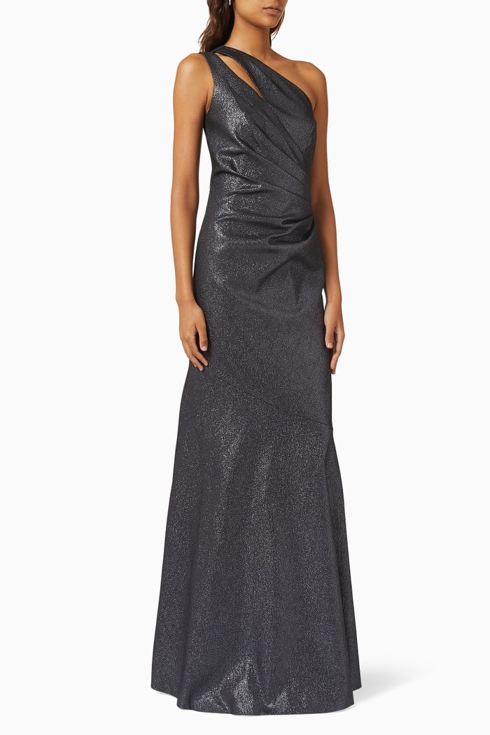 

One-shoulder Gown in Metallic Jacquard, Grey