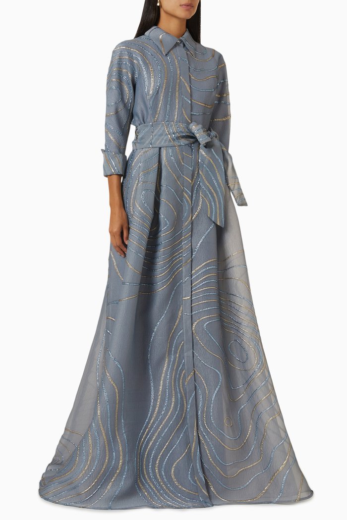 

Belted Shirt Gown in Jacquard, Grey