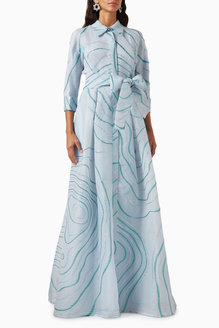 

Belted Shirt Gown in Jacquard, Blue