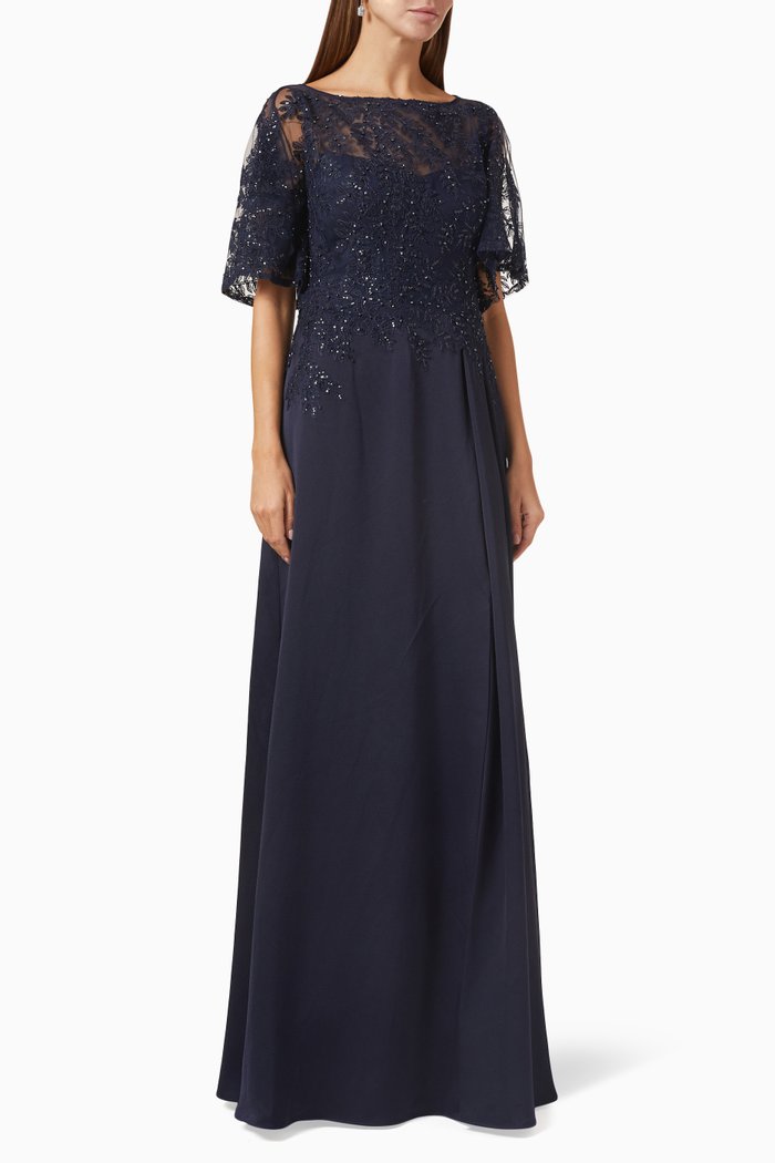 

Embellished Gown in Sequins & Crepe, Blue
