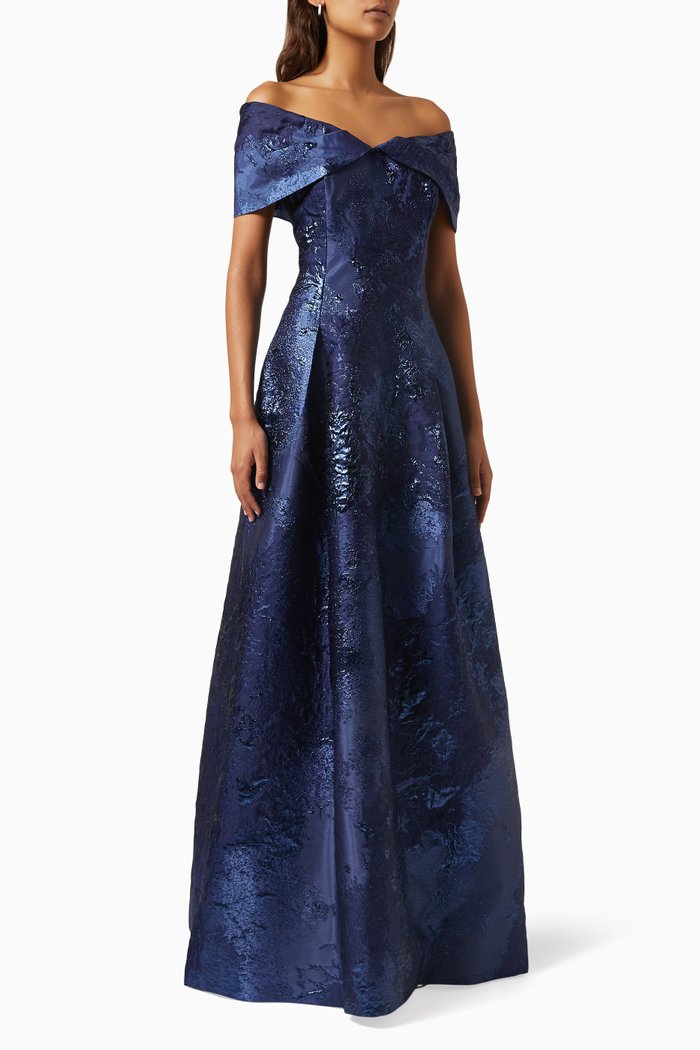 

Off-shoulder Gown in Textured Jacquard, Blue