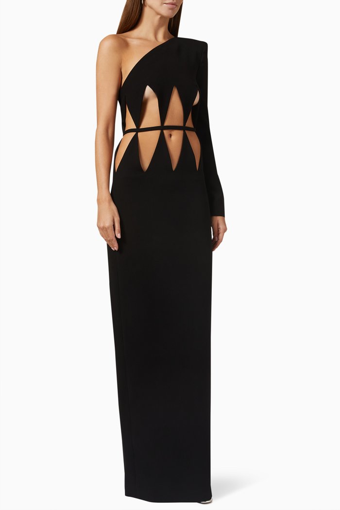 

One-shoulder Cut-out Maxi Dress in Crepe, Black