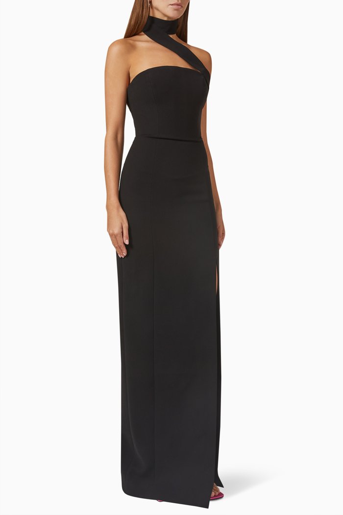 

Asymmetrical Maxi Dress in Crepe, Black