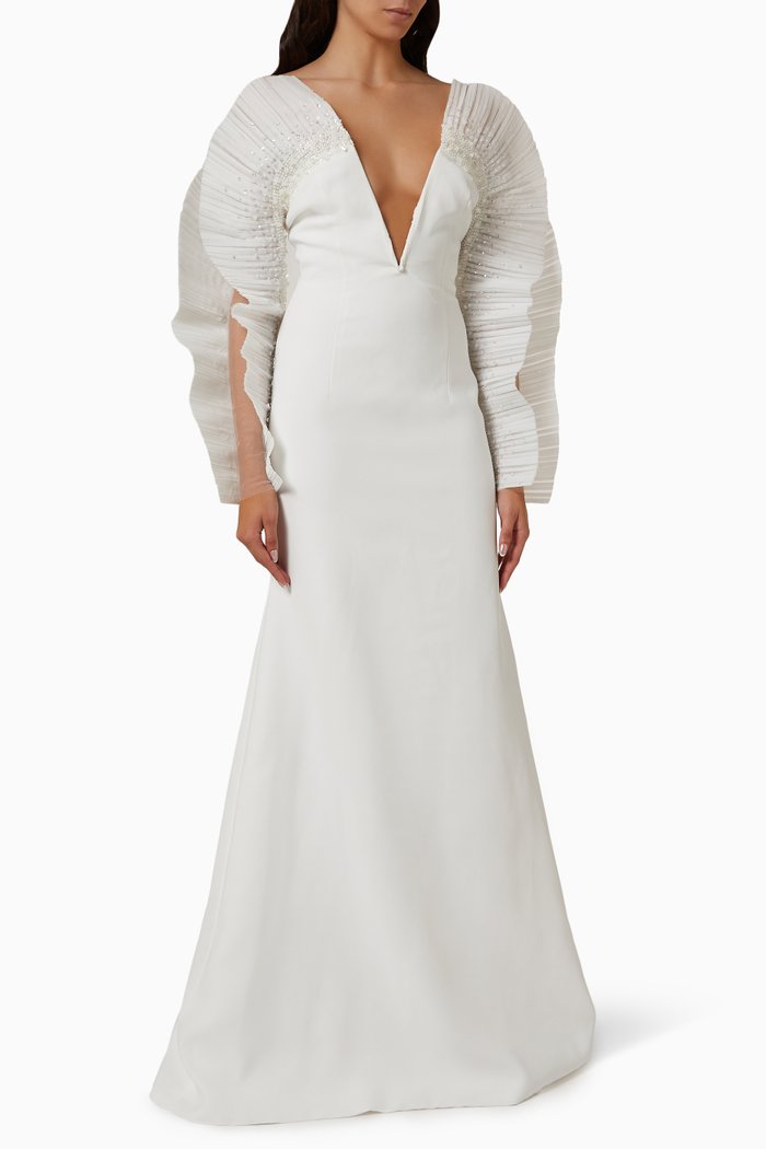 

Beaded Sleeve Gown in Crepe, Neutral