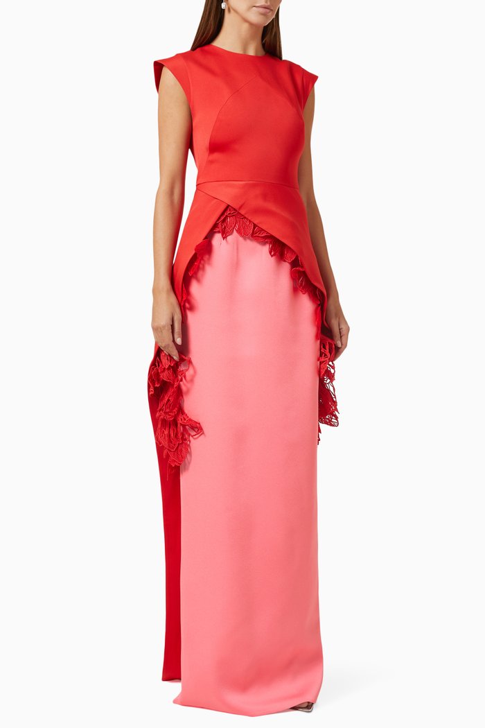 Two-tone Floral-appliqué Gown in Satin-crepe, Red