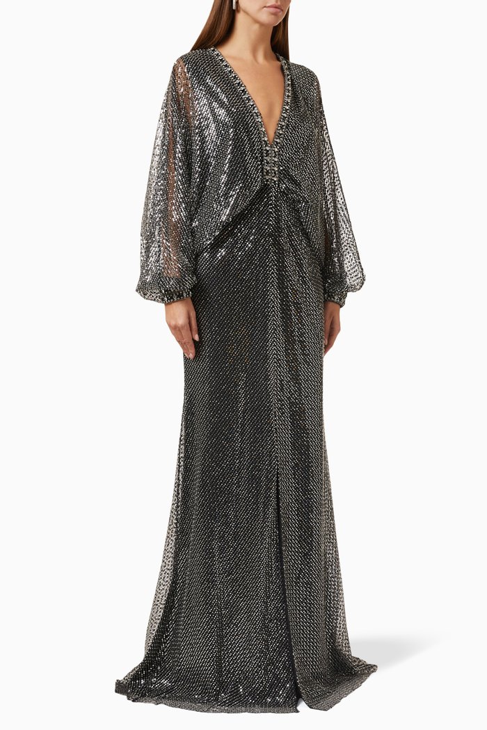 V-neck Sequin-embellished Gown in Mesh, Black