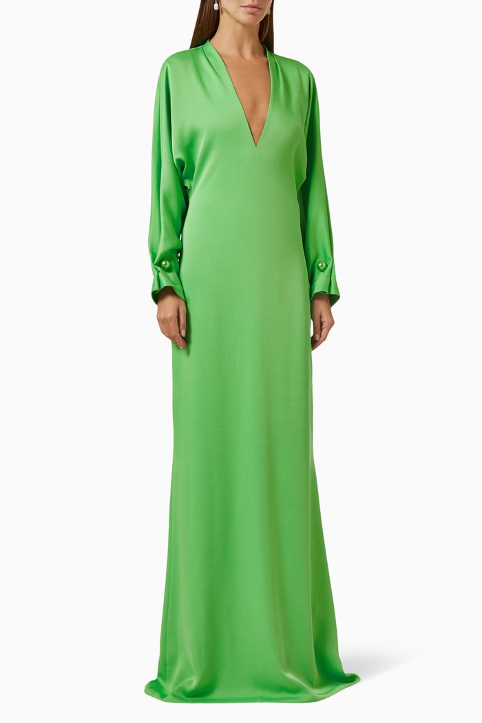 

Deep V-neck Gown in Crepe, Green