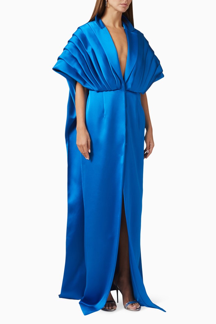 Cape-style Maxi Dress in Satin, Blue