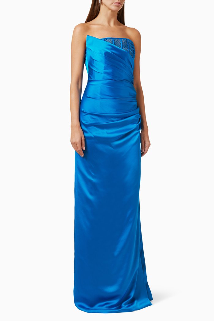 

Corset Mesh Draped Gown in Satin-crepe, Blue