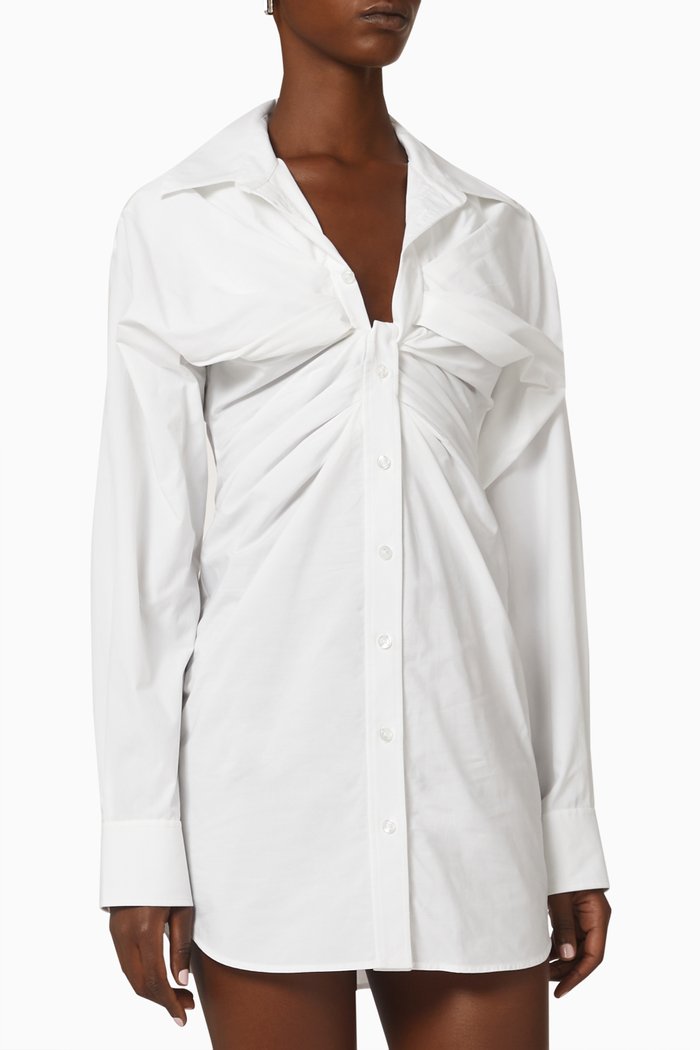 

Open Twisted Mini Shirt Dress in Compact Cotton, White