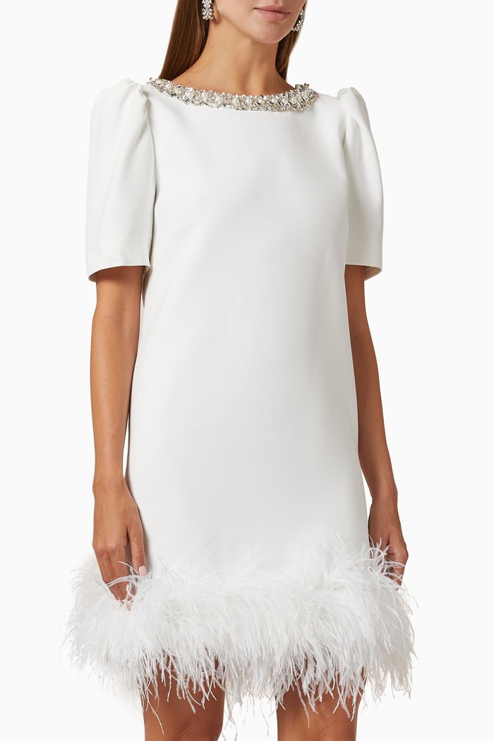 Maya Feather-trimmed Mini Dress in Crêpe, White