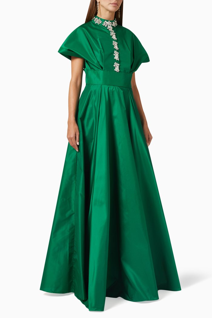

Kyra Embellished Flared Gown in Taffeta, Green