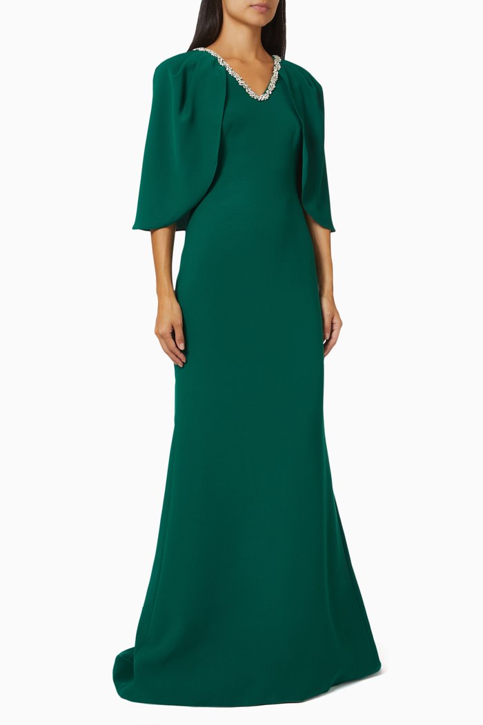 

Charlotte Cape-effect Gown in Crêpe, Green