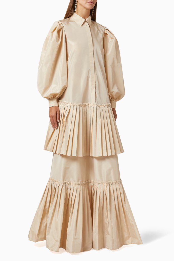 

Sahra Pleated Maxi Shirt Dress in Taffeta, Neutral