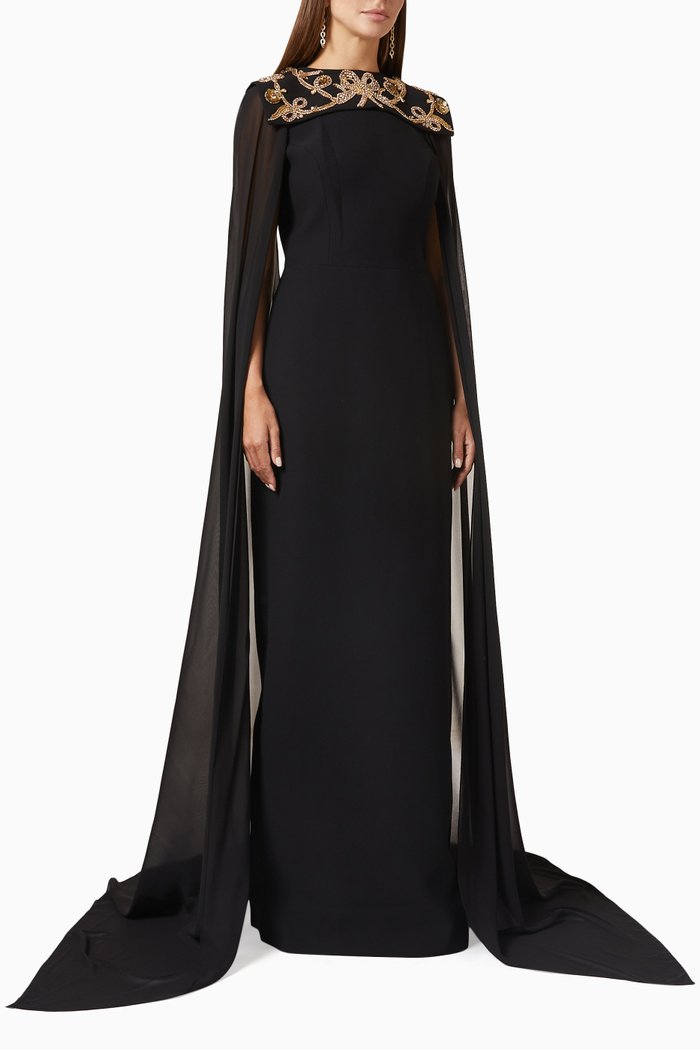

Nefertiti Cape-sleeve Gown in Crêpe, Black