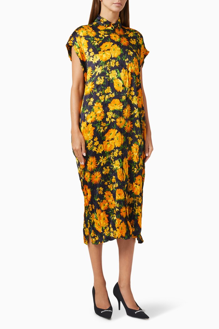 

Rawcut Floral Print Dress in Silk, Yellow