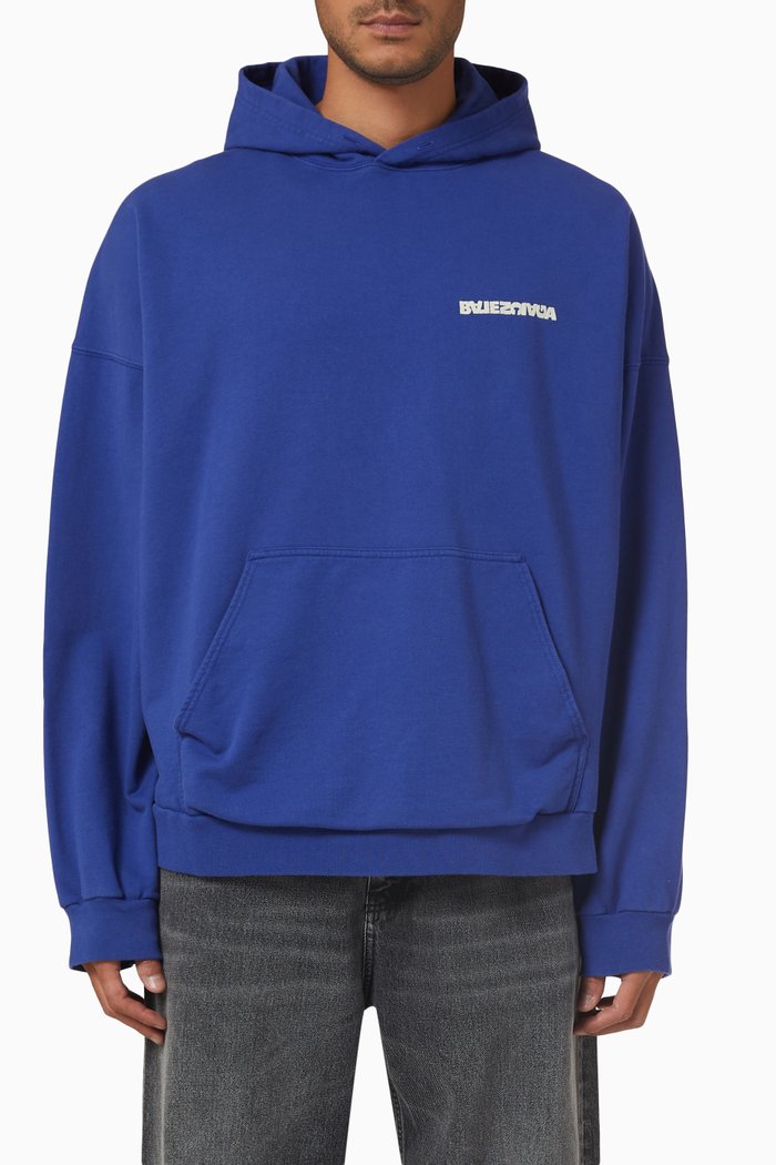 

Logo Wide Fit Hoodie in Cotton Fleece, Blue