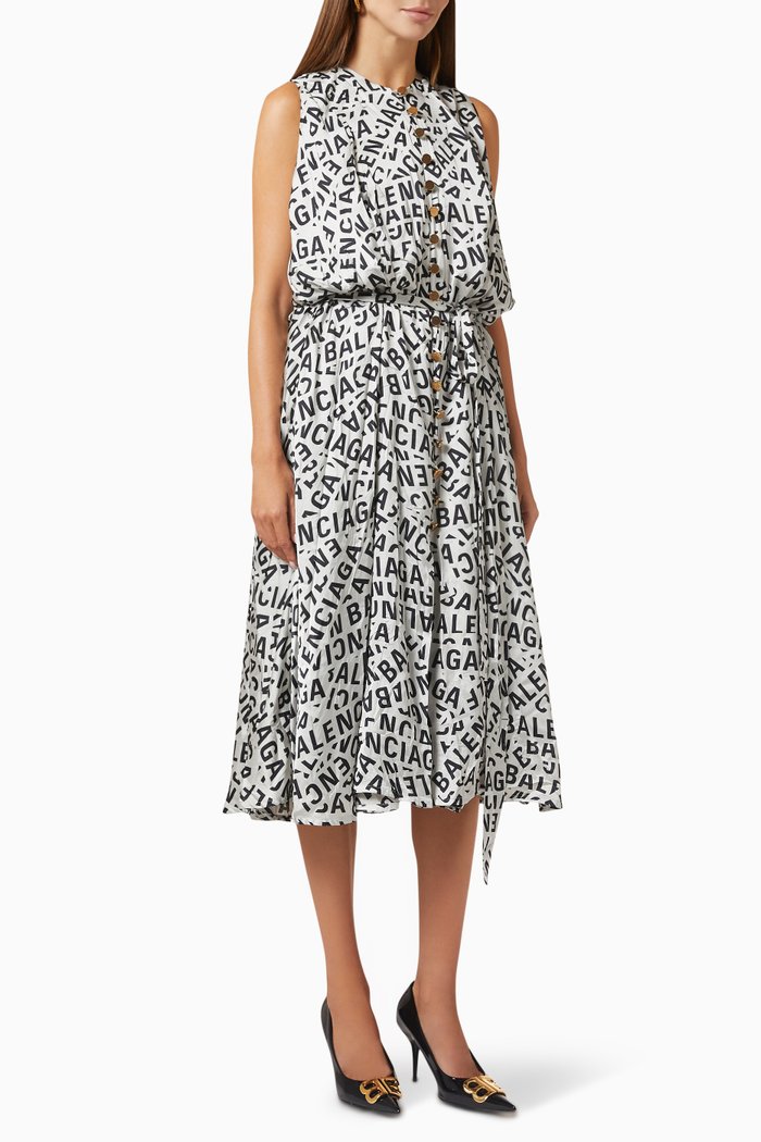 

All-over Logo-print Midi Dress in Silk, Grey