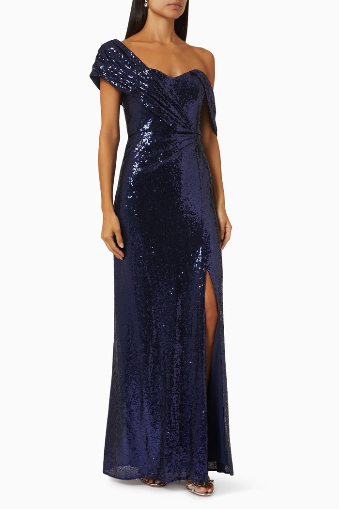 

Asymmetrical Wrap Sequin Gown, Blue