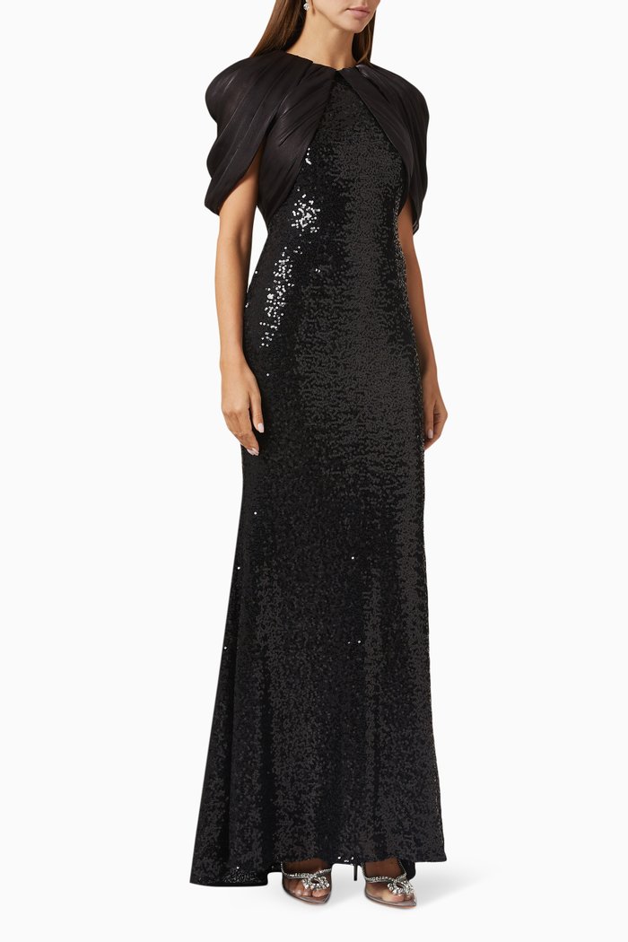 

Draped Cape Sequin Gown in Stretch-crepe, Black