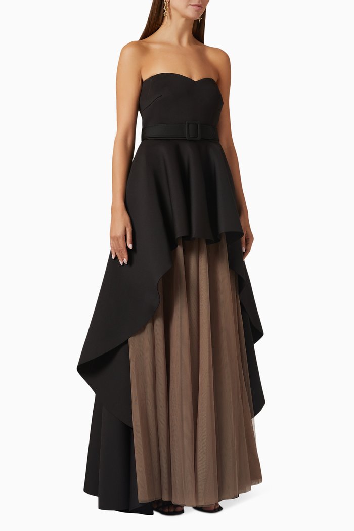 Strapless High-low Gown in Tulle & Scuba, Black