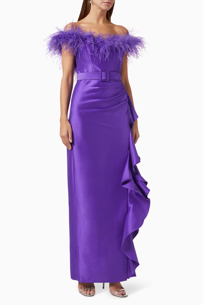 

Feather Adorned Gown in Stretch-mikado, Purple