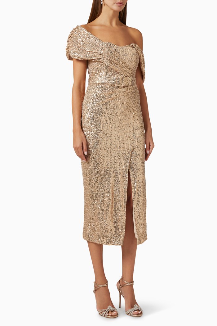 

Asymmetrical Midi Dress in Stretch Sequin, Gold