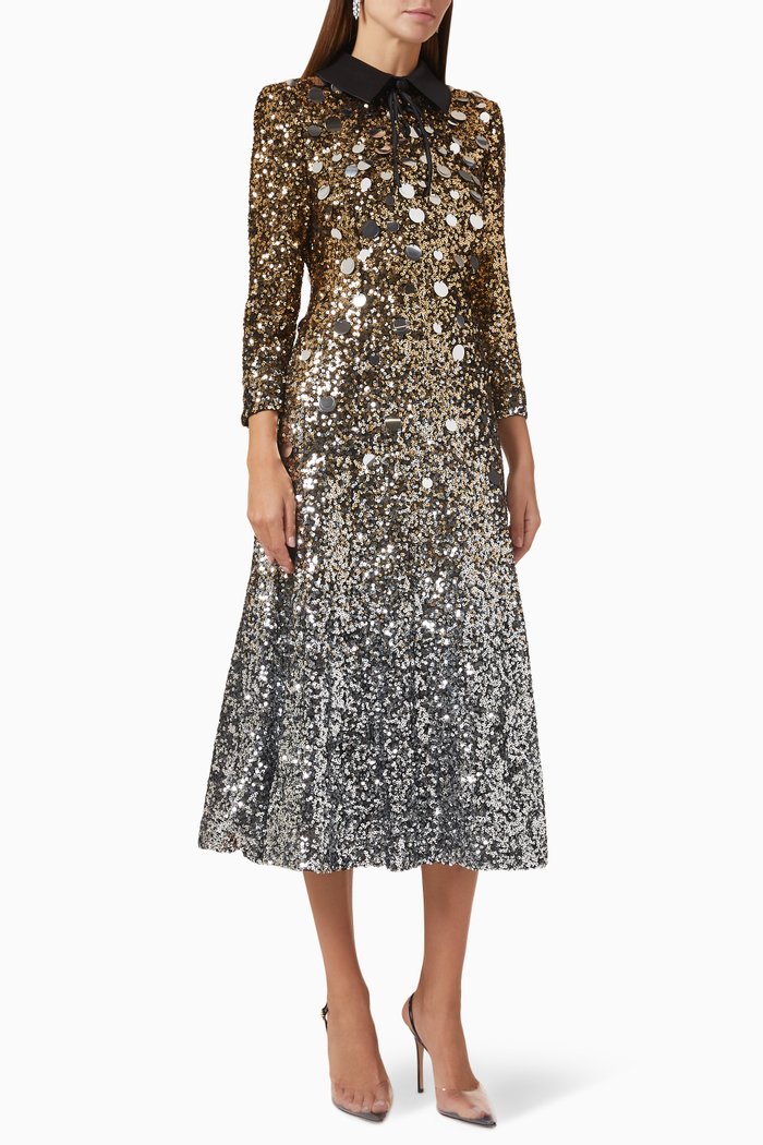 

Collared Midi Dress in Sequin, Gold