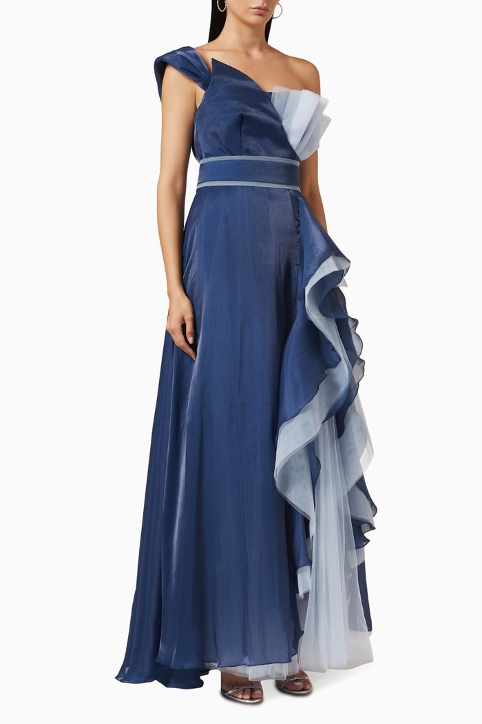 

Flounce Dress in Shimmer Crinkle Chiffon & Tulle, Blue