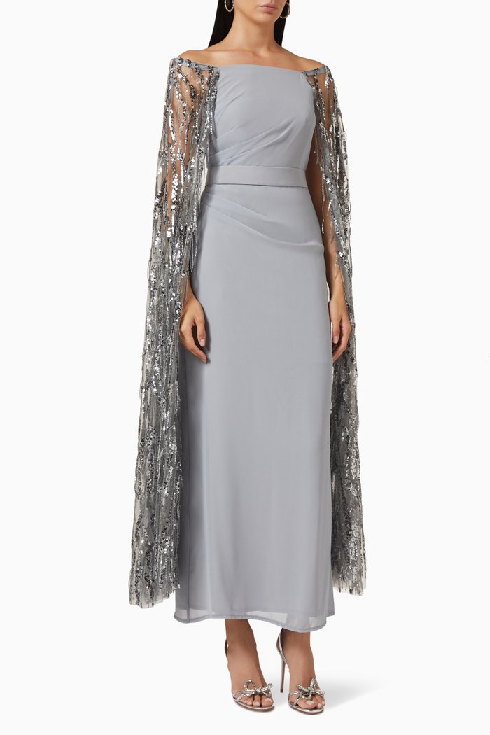 

Off-shoulder Dress in Chiffon & Sequin Tulle, Grey