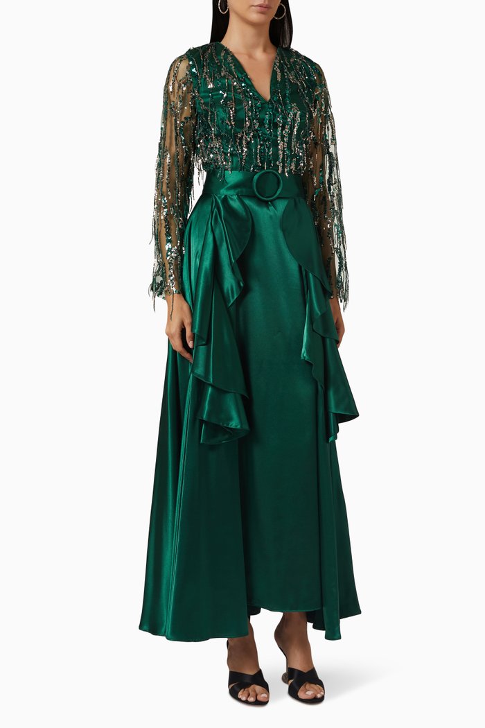 

Embellished Dress in Sequin Tulle & Satin, Green