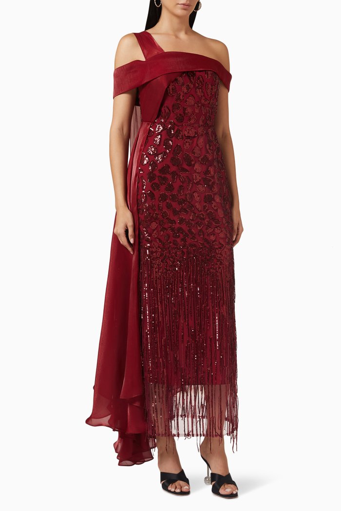 

Col-shoulder Dress in Sequin Tulle, Red