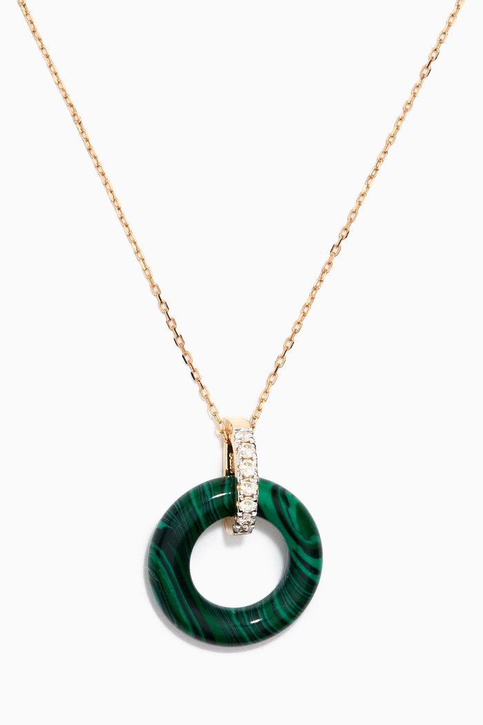 Malachite Donut & Diamond Necklace in 14kt Yellow Gold