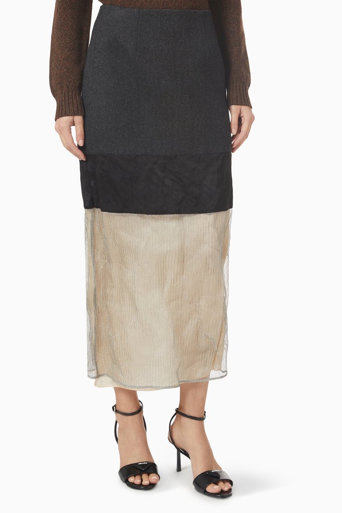 Gonna Midi Skirt in Ribbed Wool & Metallic Mesh, Grey
