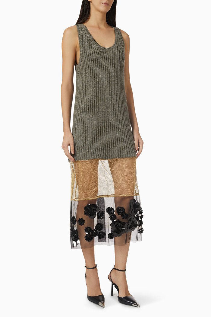 

Embroidered Midi Dress in Mesh & Wool Knit, Neutral