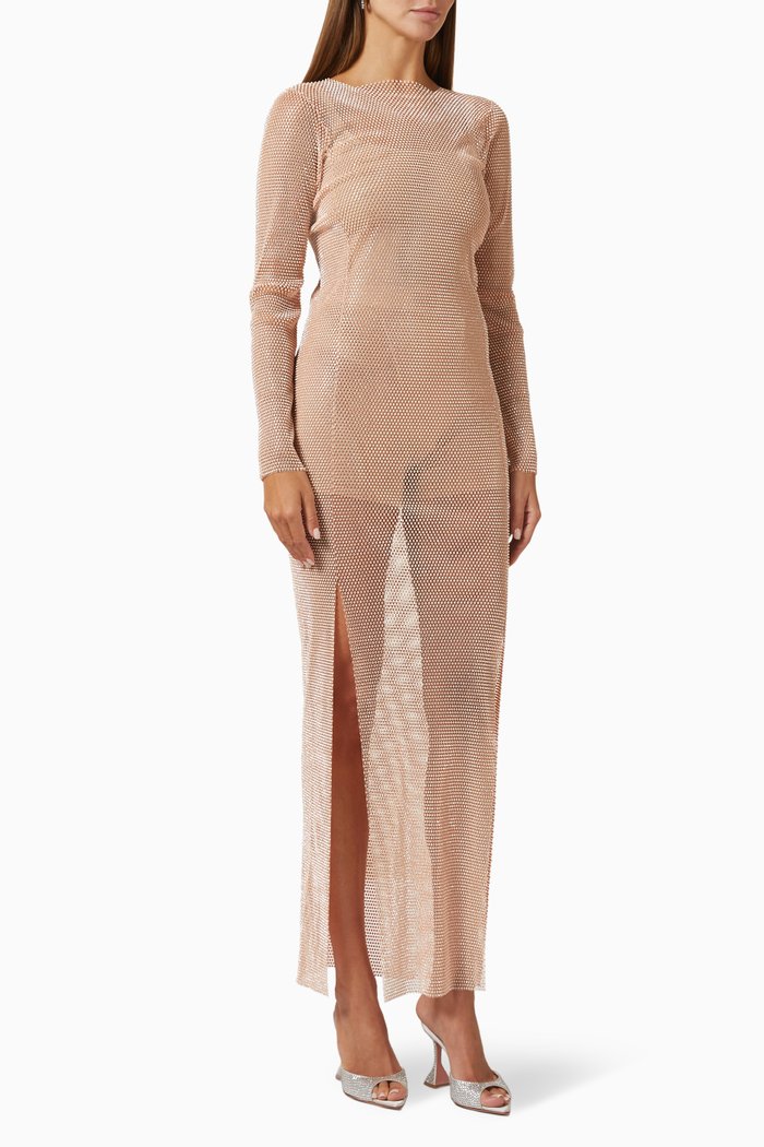 

Diamond Embellished Sheer Maxi Dress in Mesh, Pink
