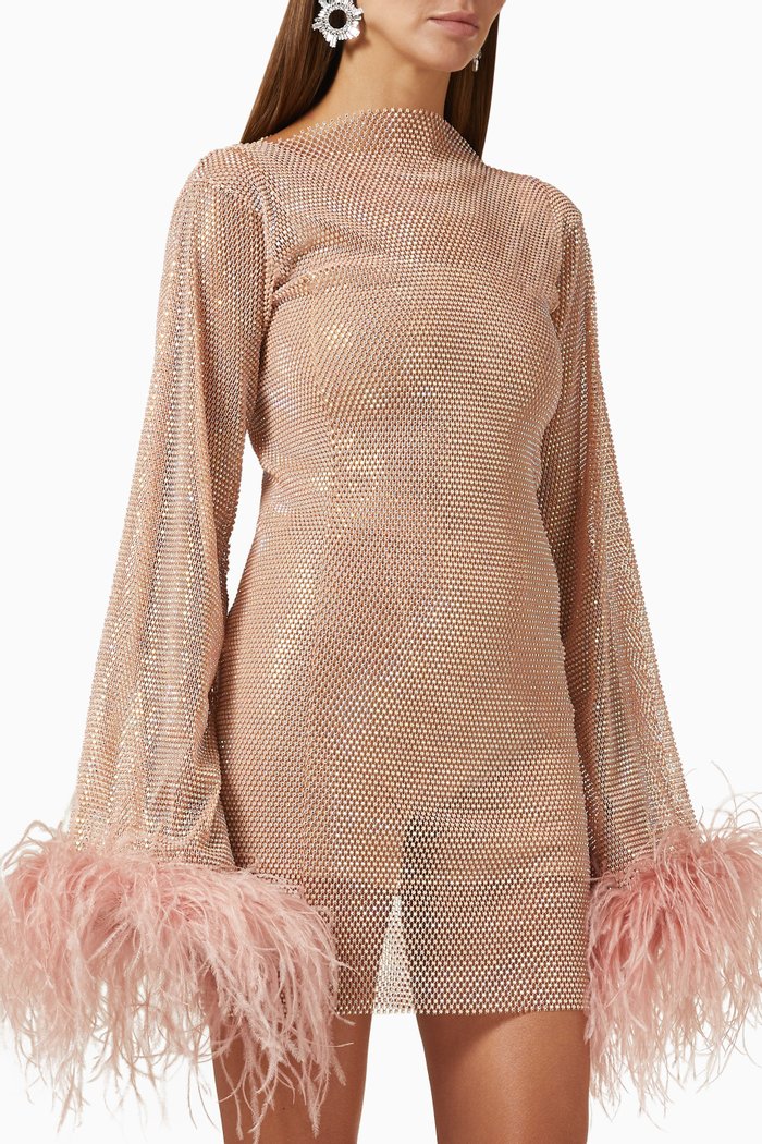 

Feather-trimmed Embellished Sheer Mini Dress in Mesh, Pink