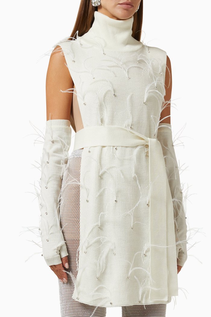 

Turtleneck Embellished Top in Wool-knit, White
