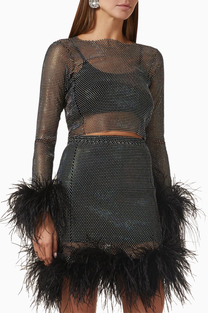 

Feather-trimmed Embellished Sheer Top in Mesh, Black