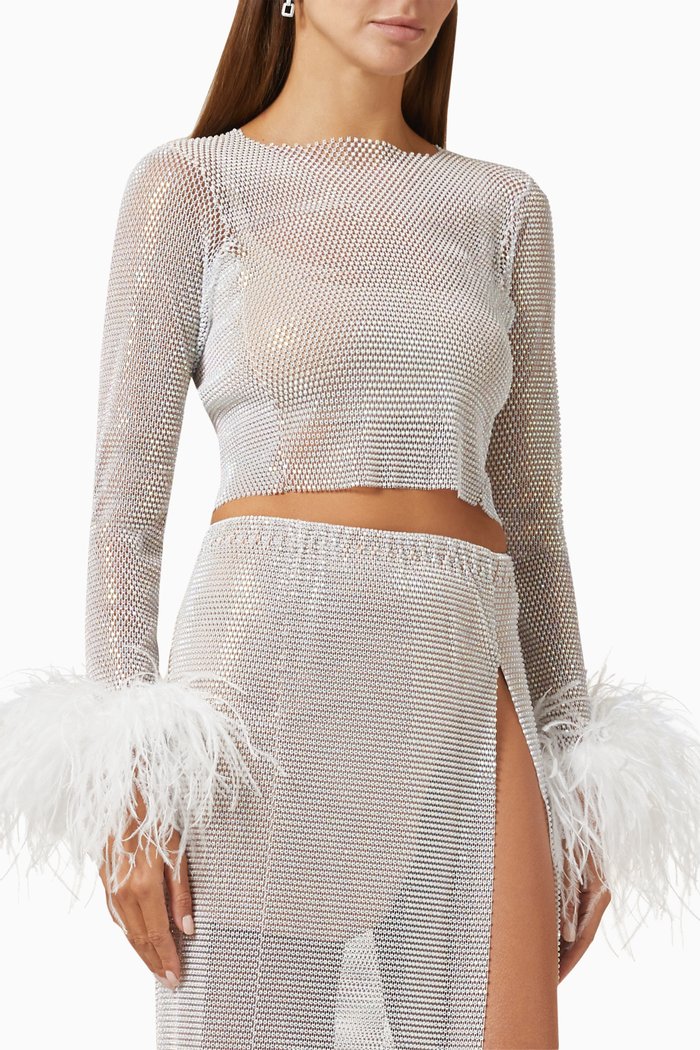 

Feather-trimmed Embellished Sheer Top in Mesh, White