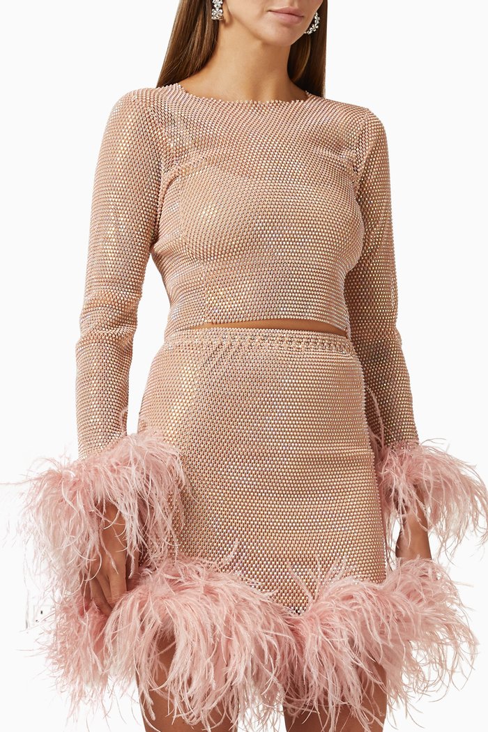 

Feather-trimmed Embellished Sheer Top in Mesh, Pink