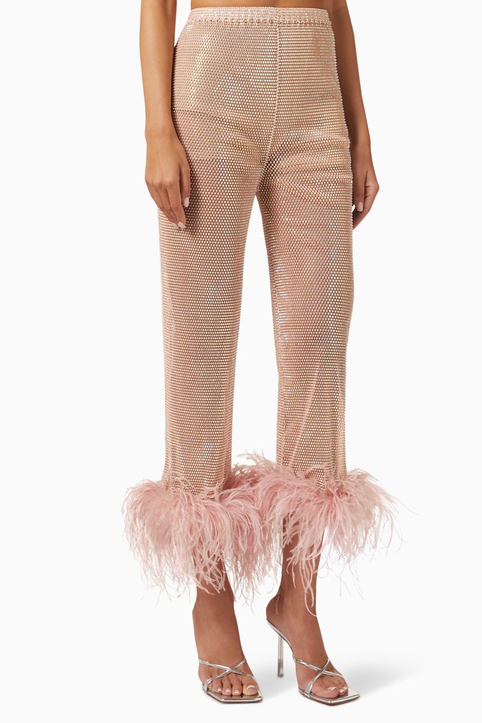 

Feather-trimmed Embellished Sheer Pants in Mesh, Pink