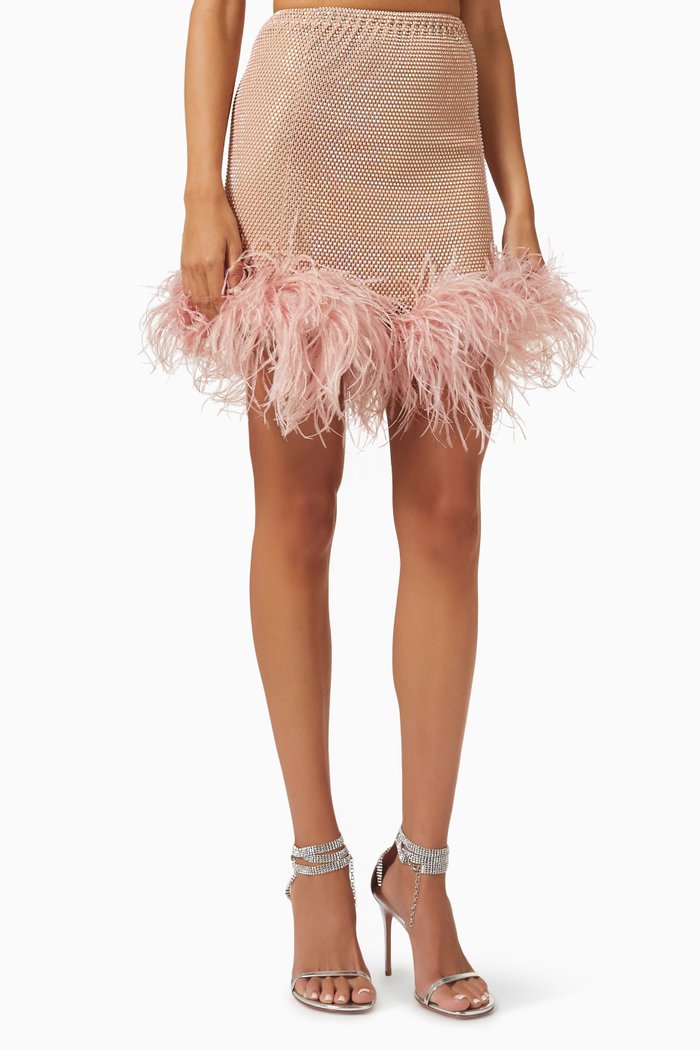

Feather-trimmed Embellished Mini Skirt in Mesh, Pink